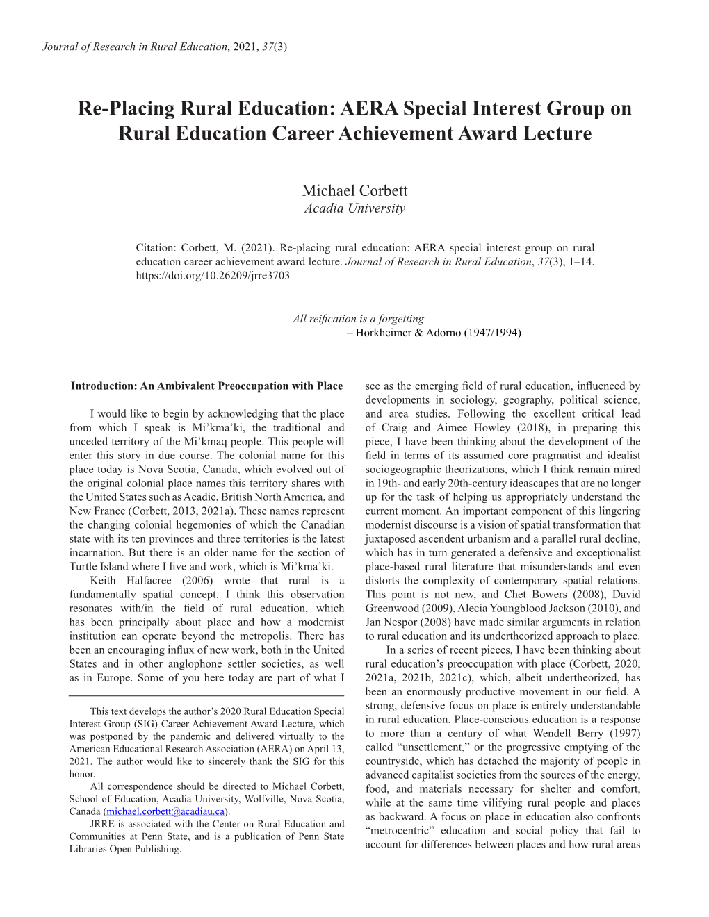 Re-Placing Rural Education: AERA Special Interest Group on Rural Education Career Achievement Award Lecture