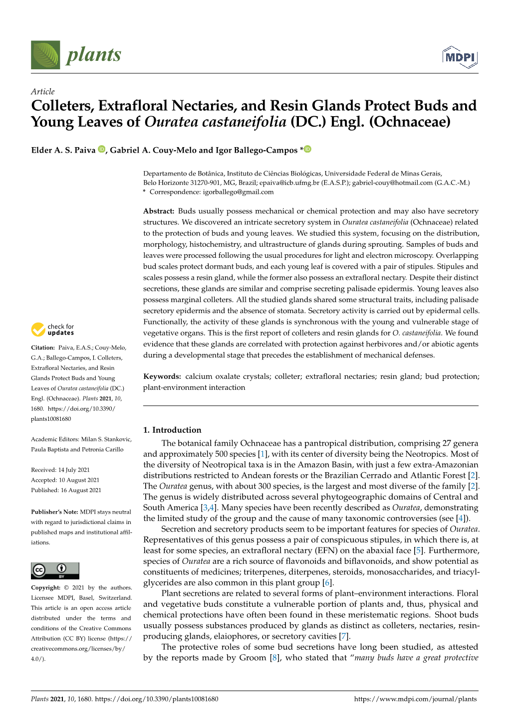 Colleters, Extrafloral Nectaries, and Resin Glands Protect Buds and Young Leaves of Ouratea Castaneifolia (DC.) Engl