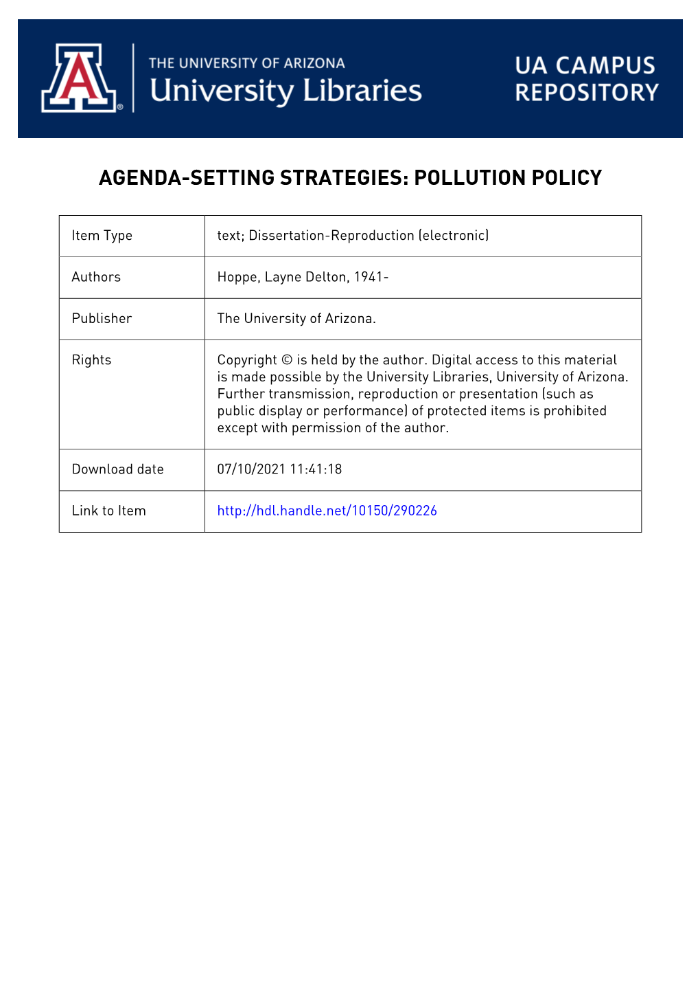 University Microfilms, Inc., Ann Arbor, Michigan AGENDA-SETTING STRATEGIES: POLLUTION POLICY