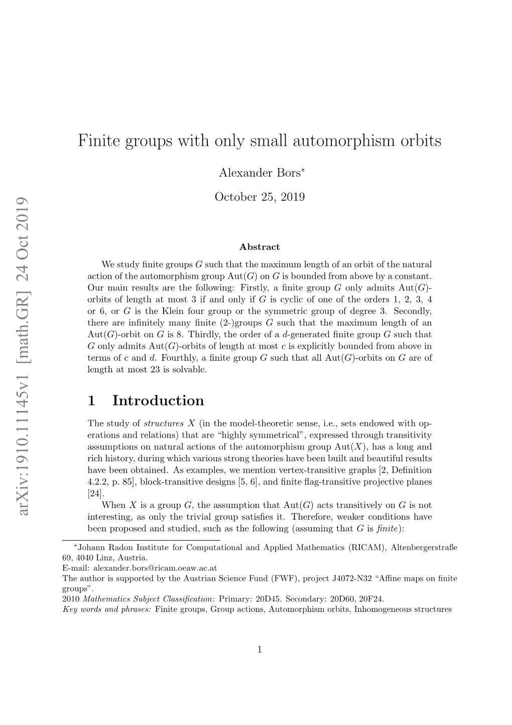 24 Oct 2019 Finite Groups with Only Small Automorphism Orbits