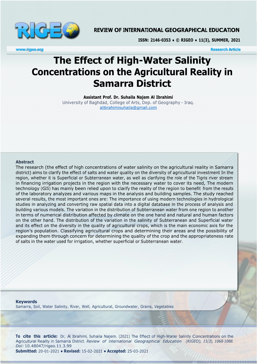 The Effect of High-Water Salinity Concentrations on the Agricultural Reality in Samarra District