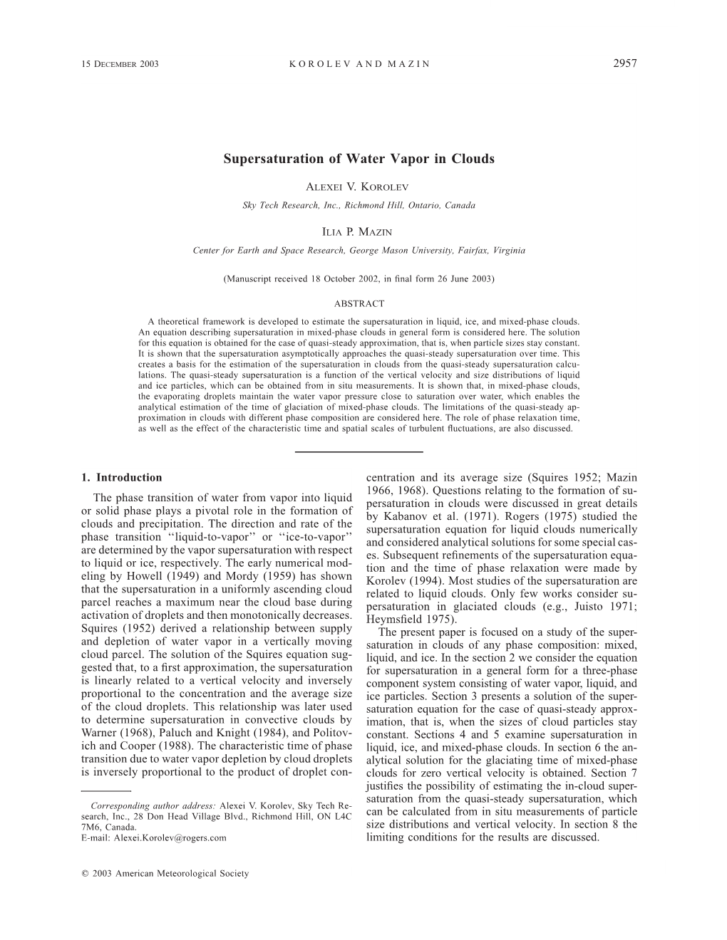 Supersaturation of Water Vapor in Clouds