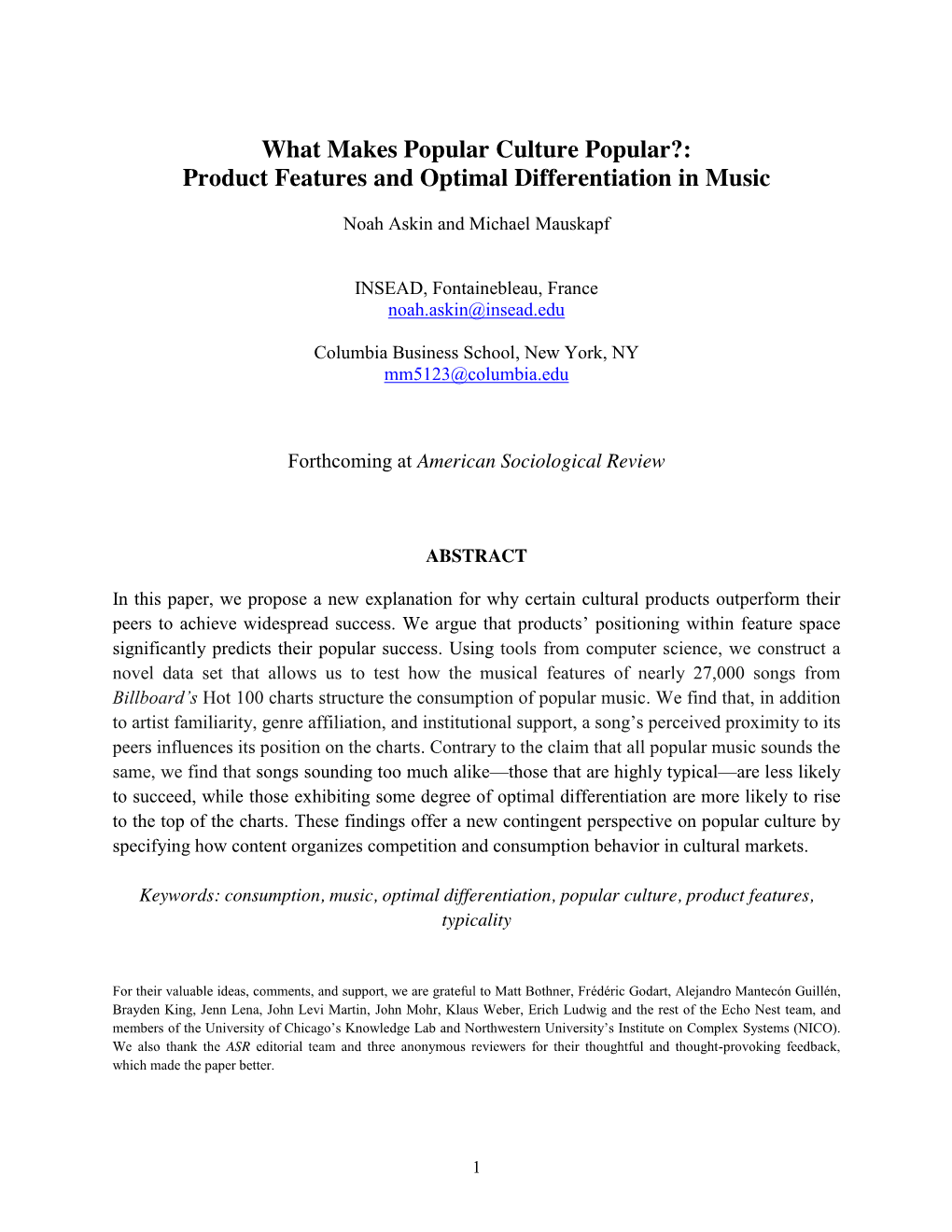 Product Features and Optimal Differentiation in Music