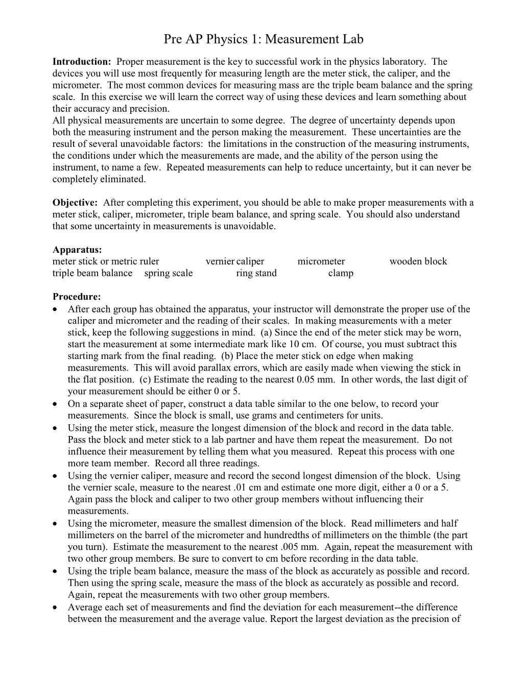 Pre AP Physics 1: Measurement Lab