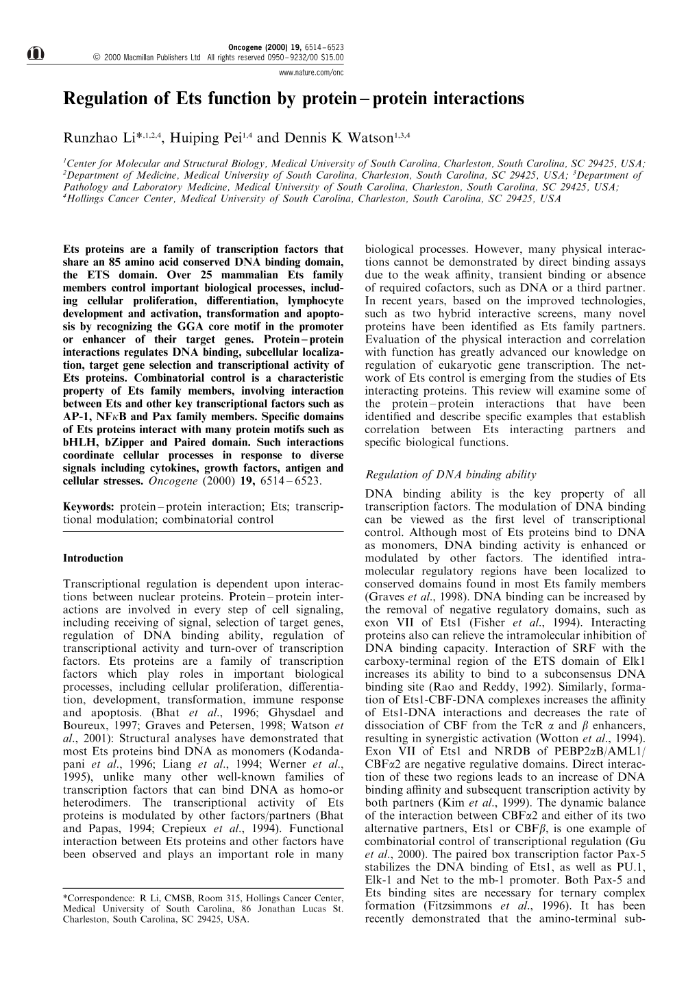 Regulation of Ets Function by Protein ± Protein Interactions