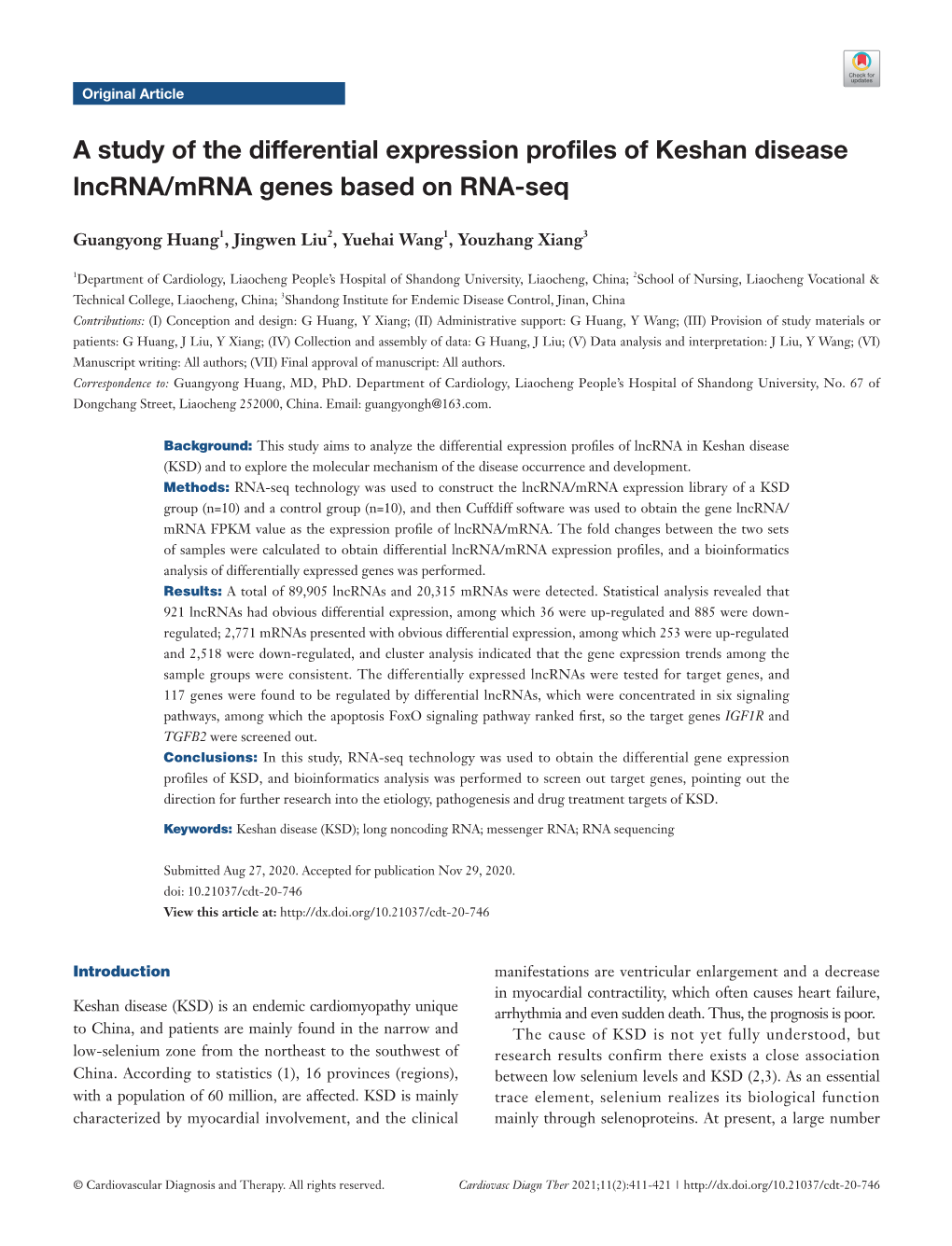 A Study of the Differential Expression Profiles of Keshan Disease Lncrna/Mrna Genes Based on RNA-Seq