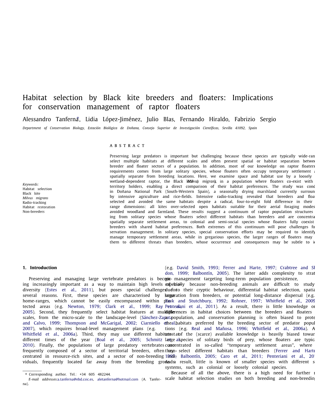 Habitat Selection by Black Kite Breeders and Floaters