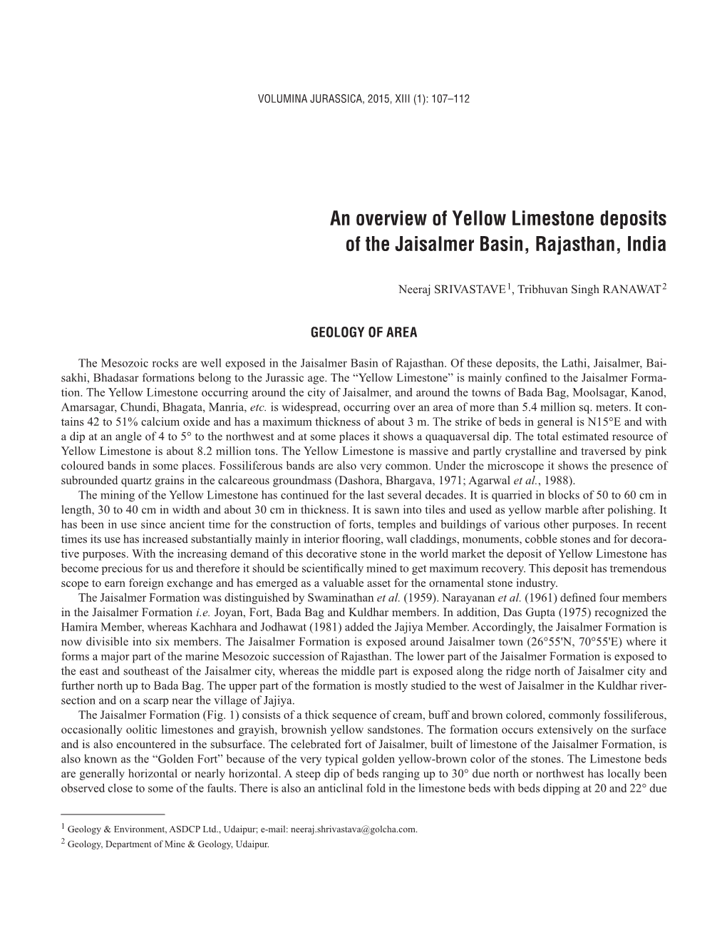 An Overview of Yellow Limestone Deposits of the Jaisalmer Basin, Rajasthan, India