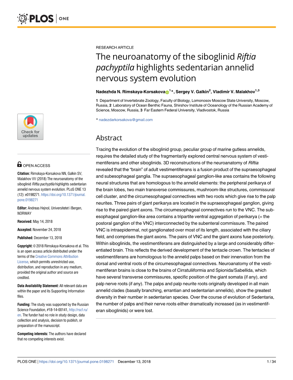 The Neuroanatomy of the Siboglinid Riftia Pachyptila Highlights Sedentarian Annelid Nervous System Evolution