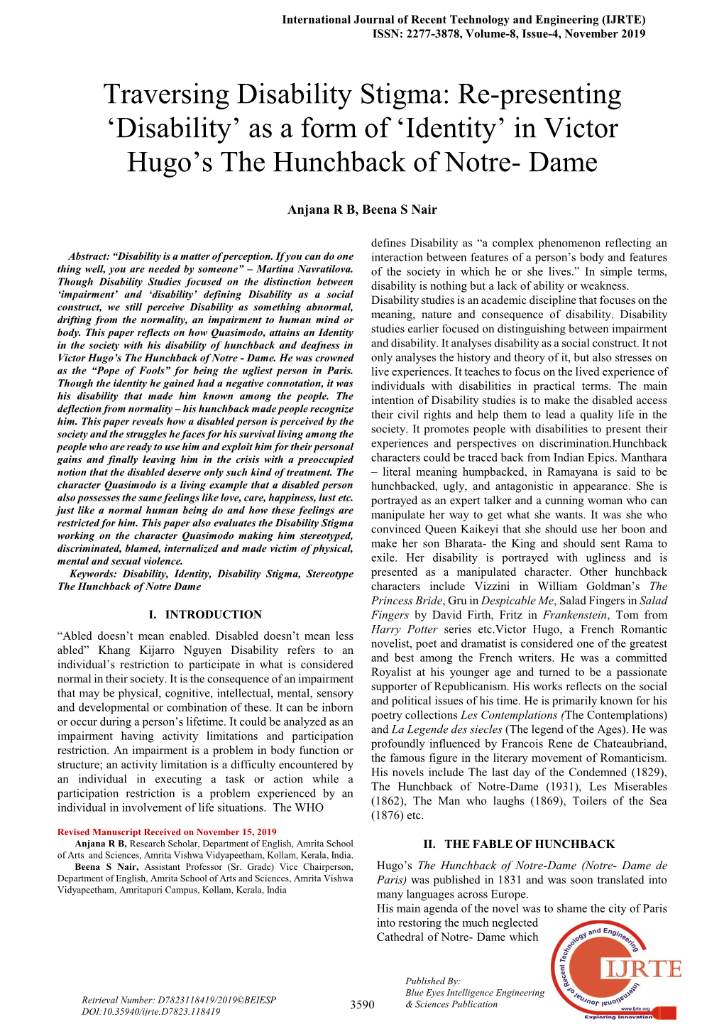 Disability Stigma: Re-Presenting „Disability‟ As a Form of „Identity‟ in Victor Hugo‟S the Hunchback of Notre- Dame