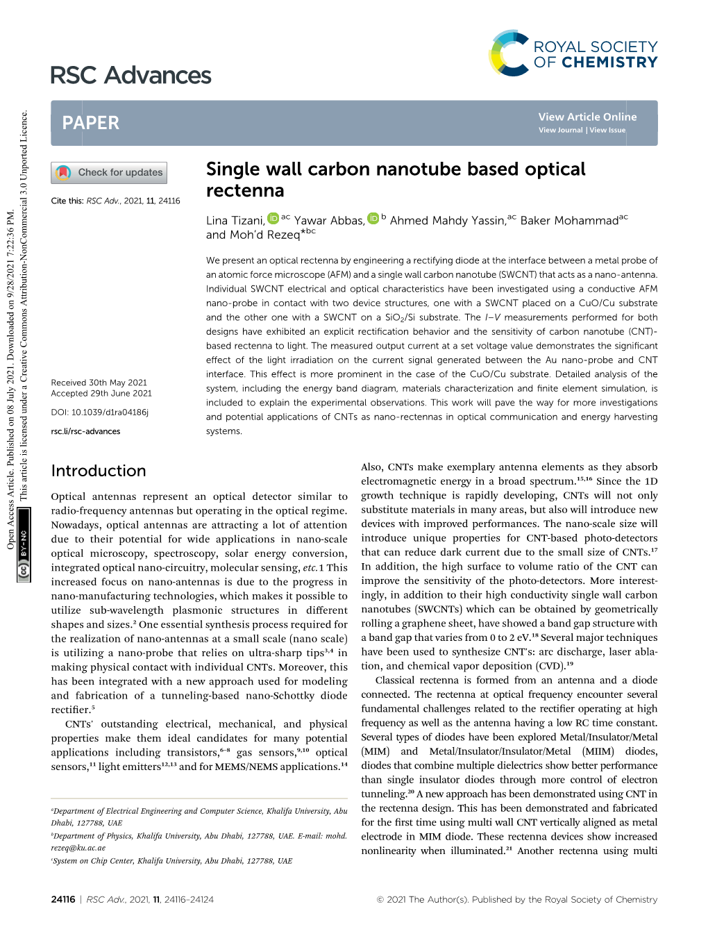 Single Wall Carbon Nanotube Based Optical Rectenna