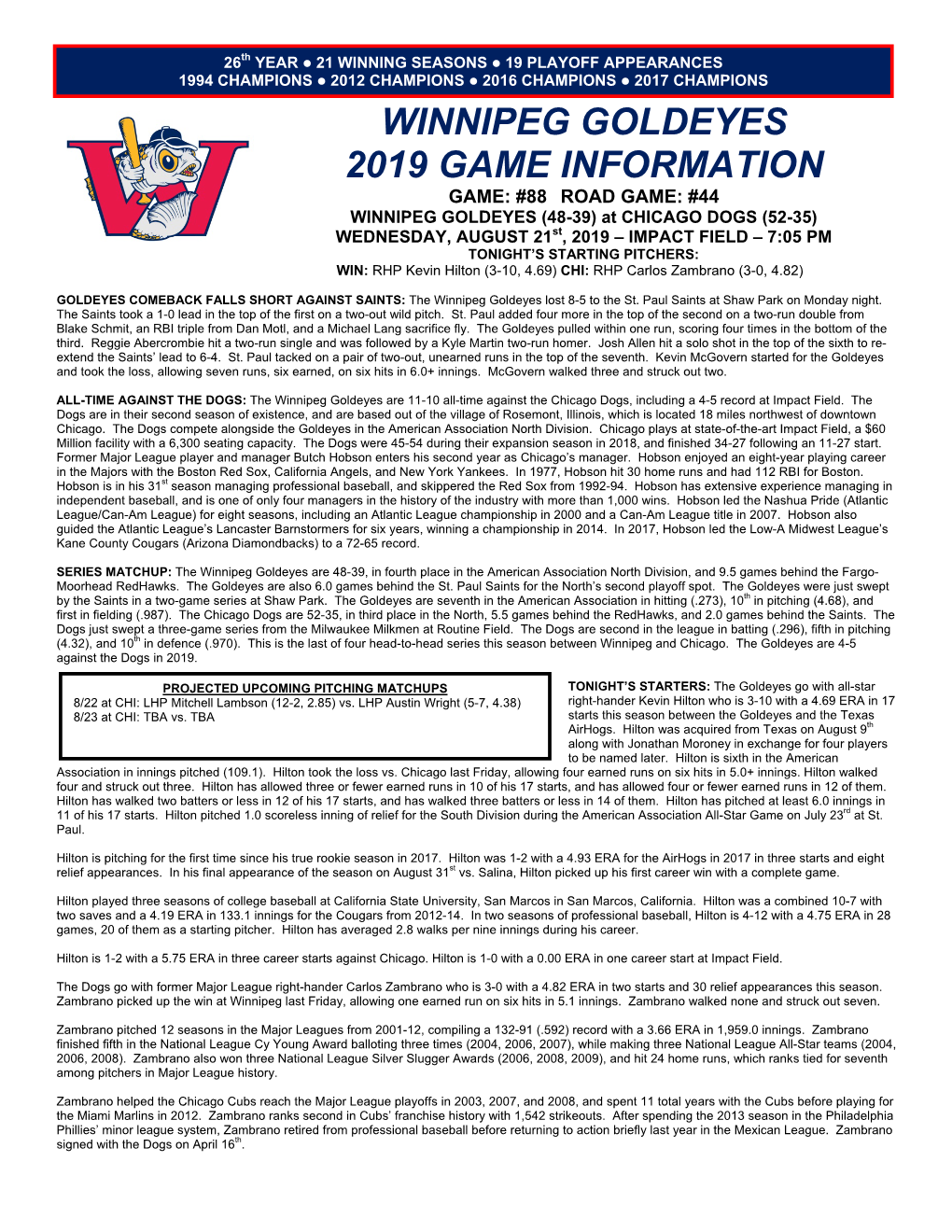 Winnipeg Goldeyes 2019 Game Information