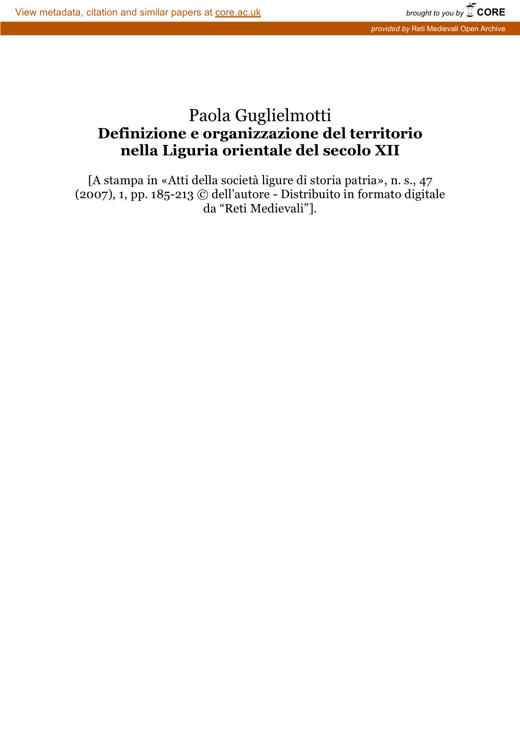 Paola Guglielmotti Definizione E Organizzazione Del Territorio Nella Liguria Orientale Del Secolo XII