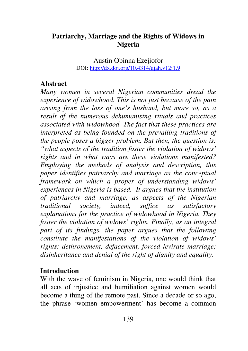 139 Patriarchy, Marriage and the Rights of Widows in Nigeria Austin