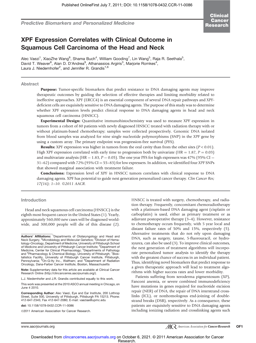 XPF Expression Correlates with Clinical Outcome in Squamous Cell Carcinoma of the Head and Neck