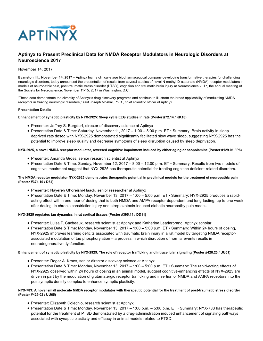 Aptinyx to Present Preclinical Data for NMDA Receptor Modulators in Neurologic Disorders at Neuroscience 2017