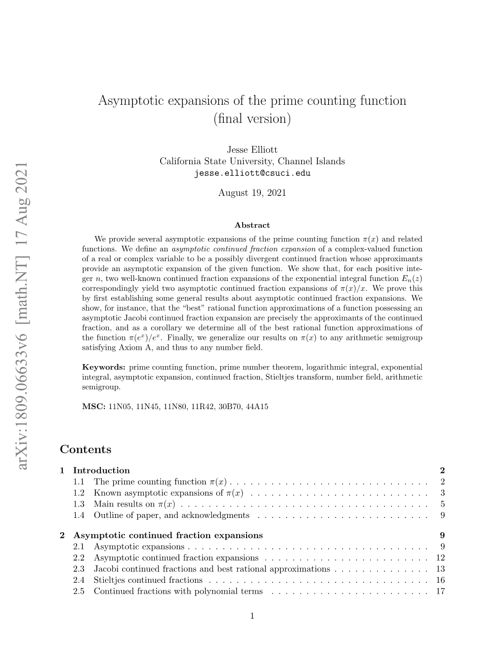 Asymptotic Expansions of the Prime Counting Function (ﬁnal Version)