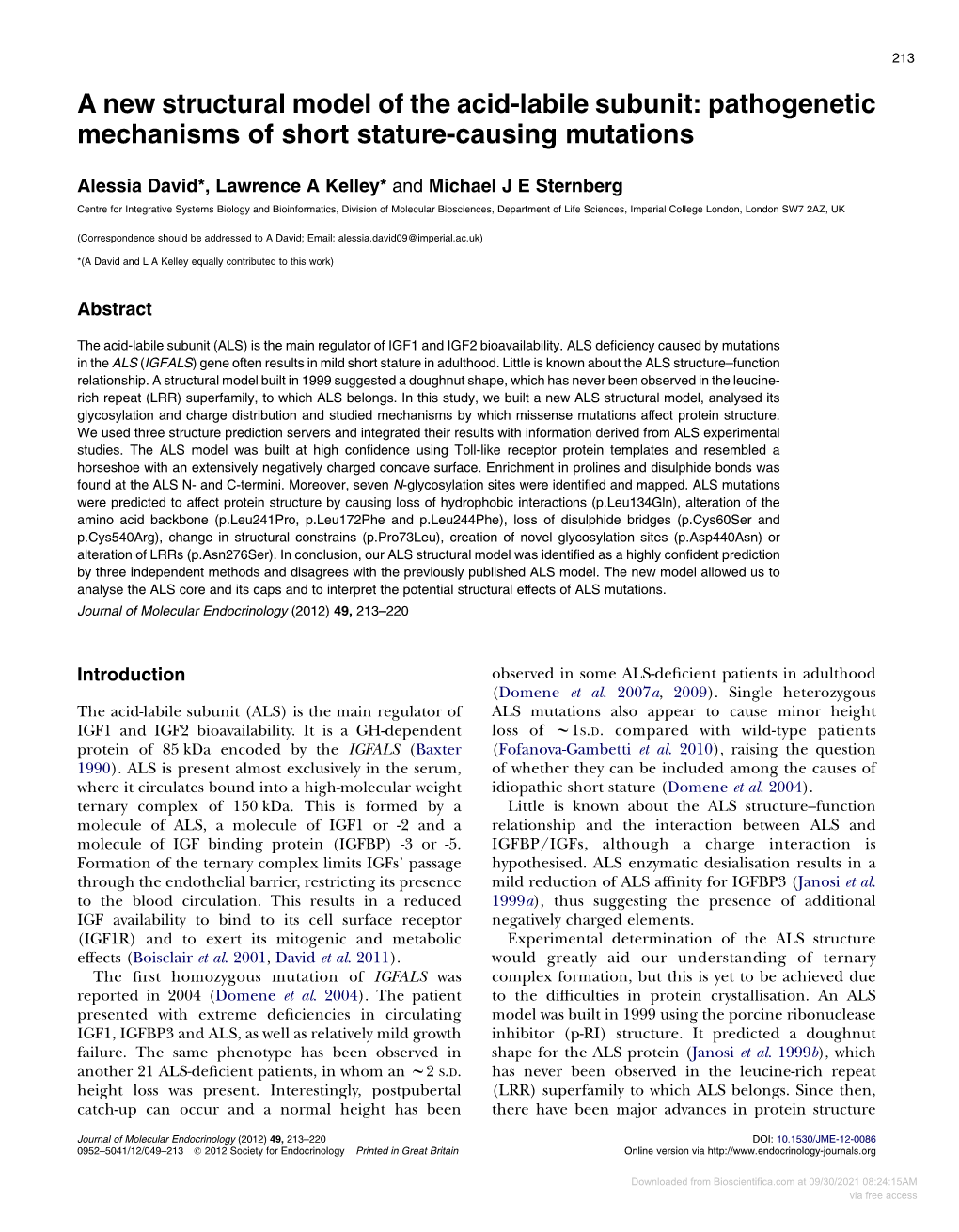 A New Structural Model of the Acid-Labile Subunit: Pathogenetic Mechanisms of Short Stature-Causing Mutations