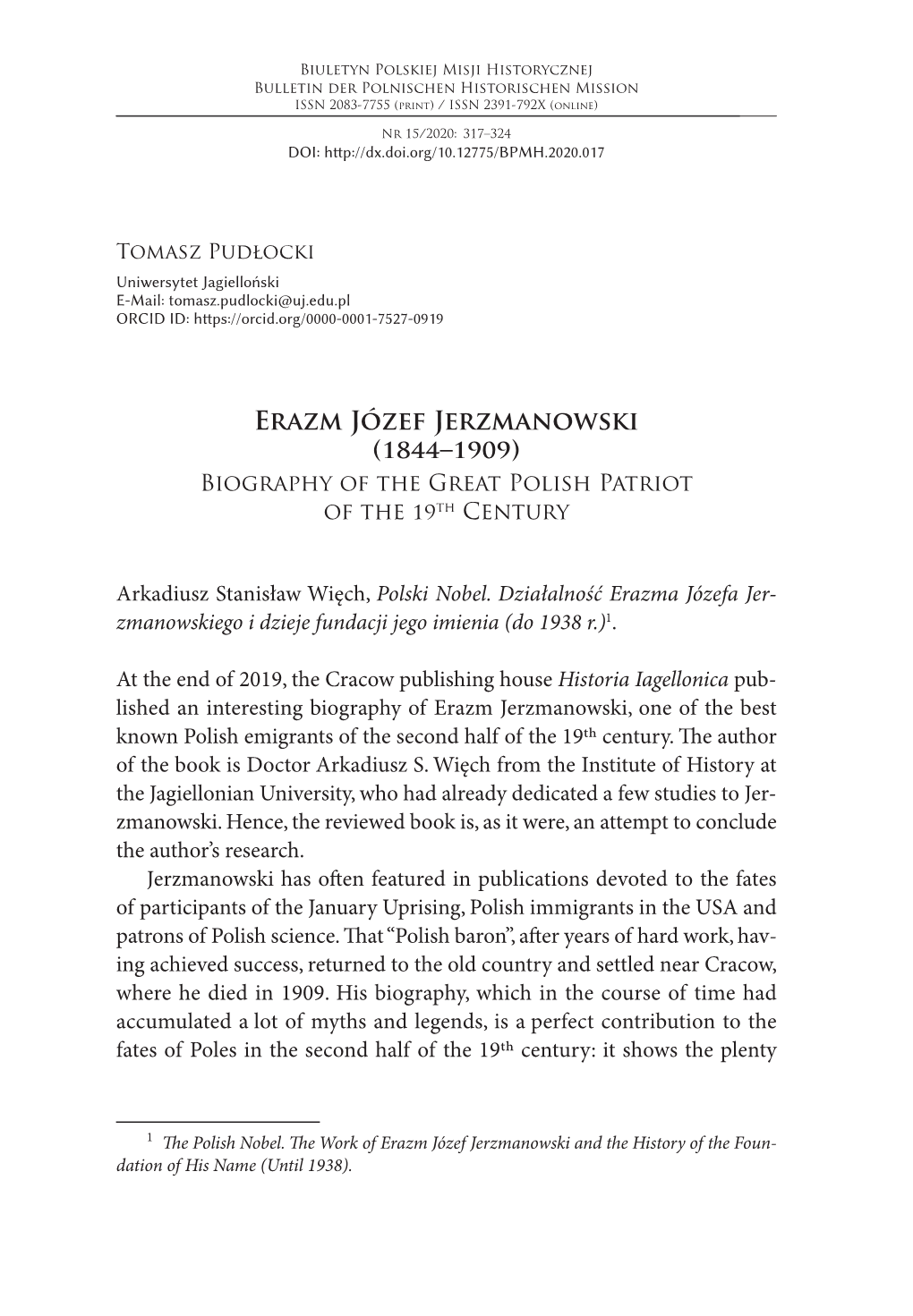 Erazm Józef Jerzmanowski (1844–1909) Biography of the Great Polish Patriot of the 19Th Century