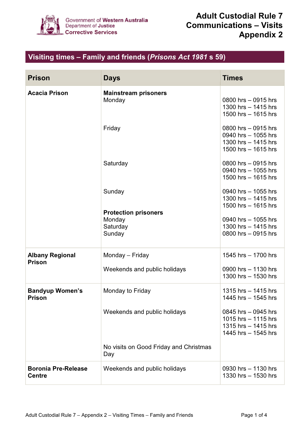 Visiting Times – Family and Friends (Prisons Act 1981 S 59)