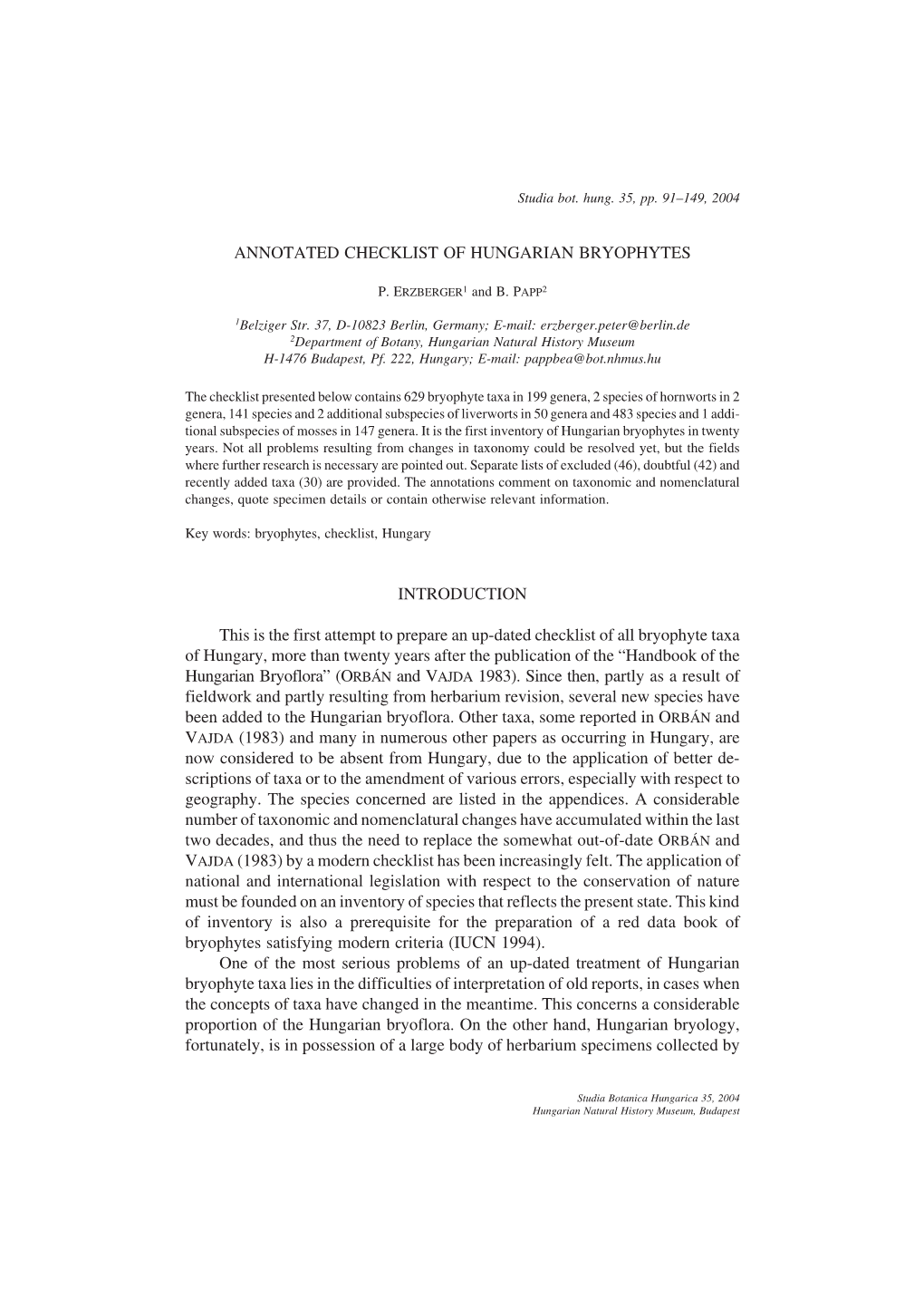 Annotated Checklist of Hungarian Bryophytes