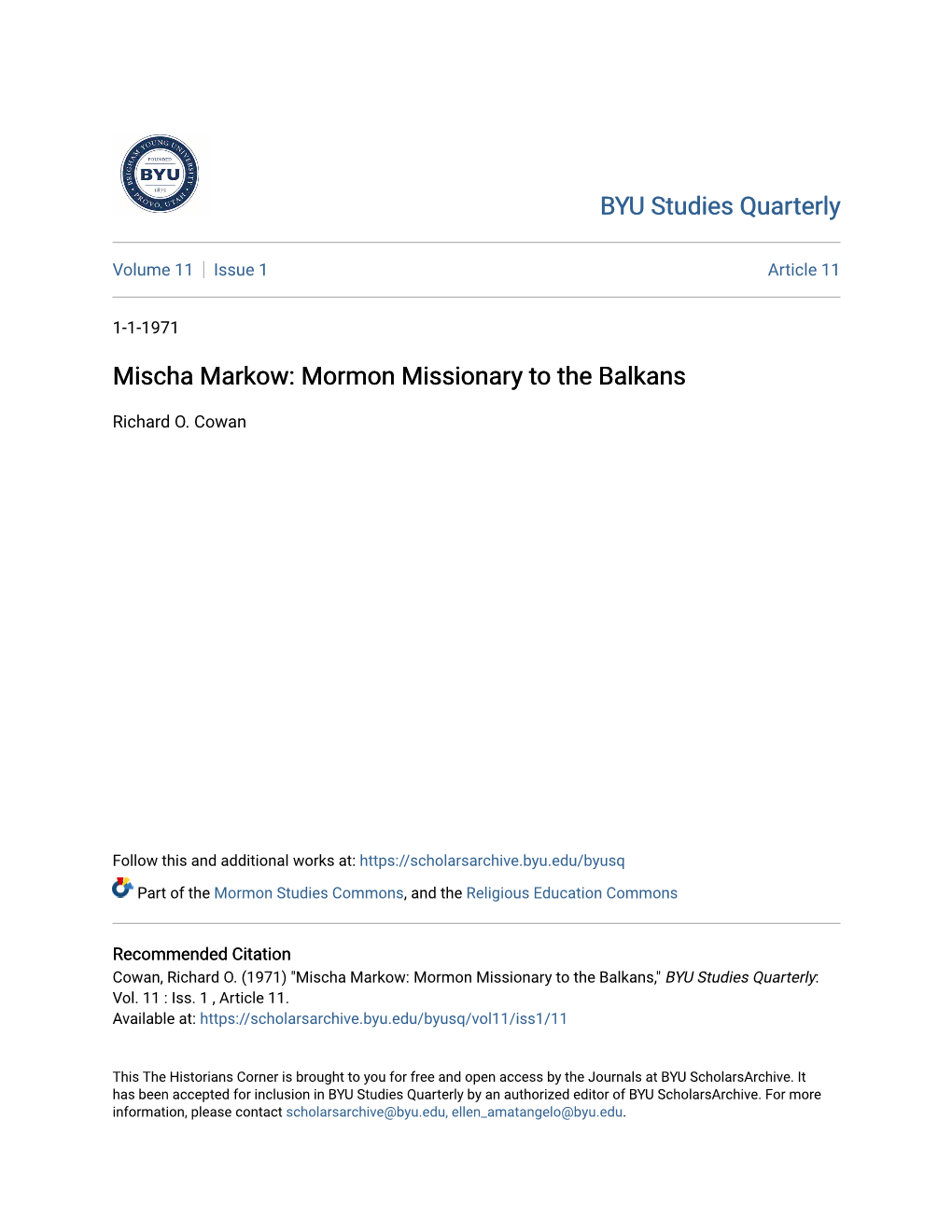 Mischa Markow: Mormon Missionary to the Balkans