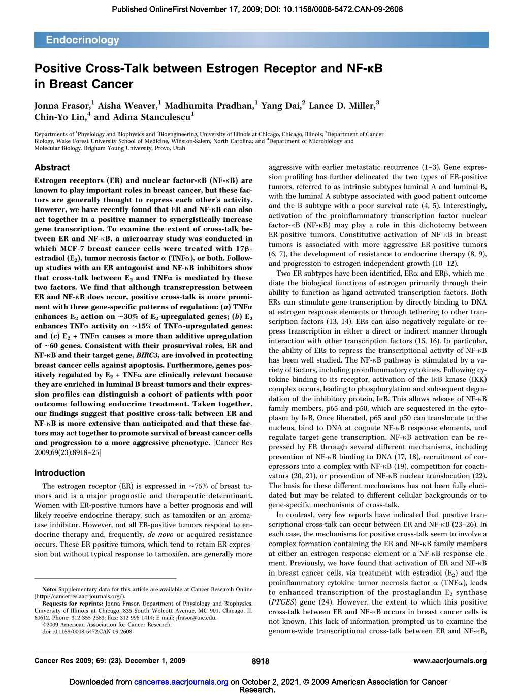 Positive Cross-Talk Between Estrogen Receptor and NF-Κb in Breast Cancer