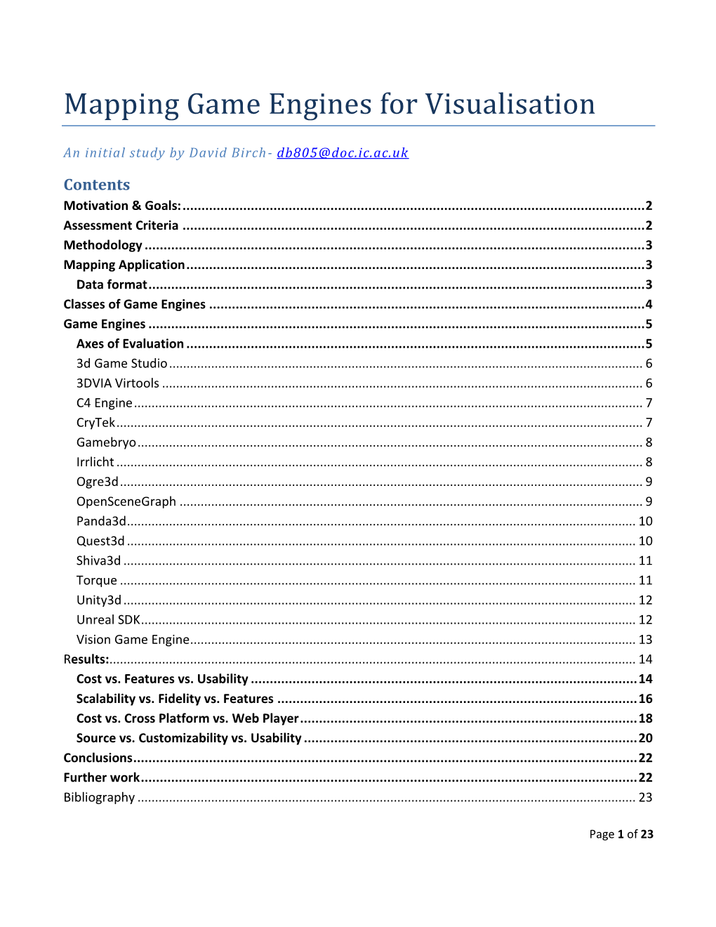 Mapping Game Engines for Visualisation