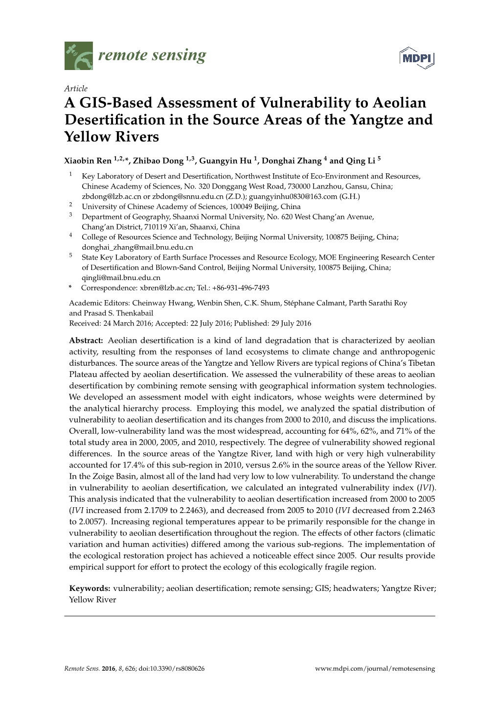 A GIS-Based Assessment of Vulnerability to Aeolian Desertification in the Source Areas of the Yangtze and Yellow Rivers