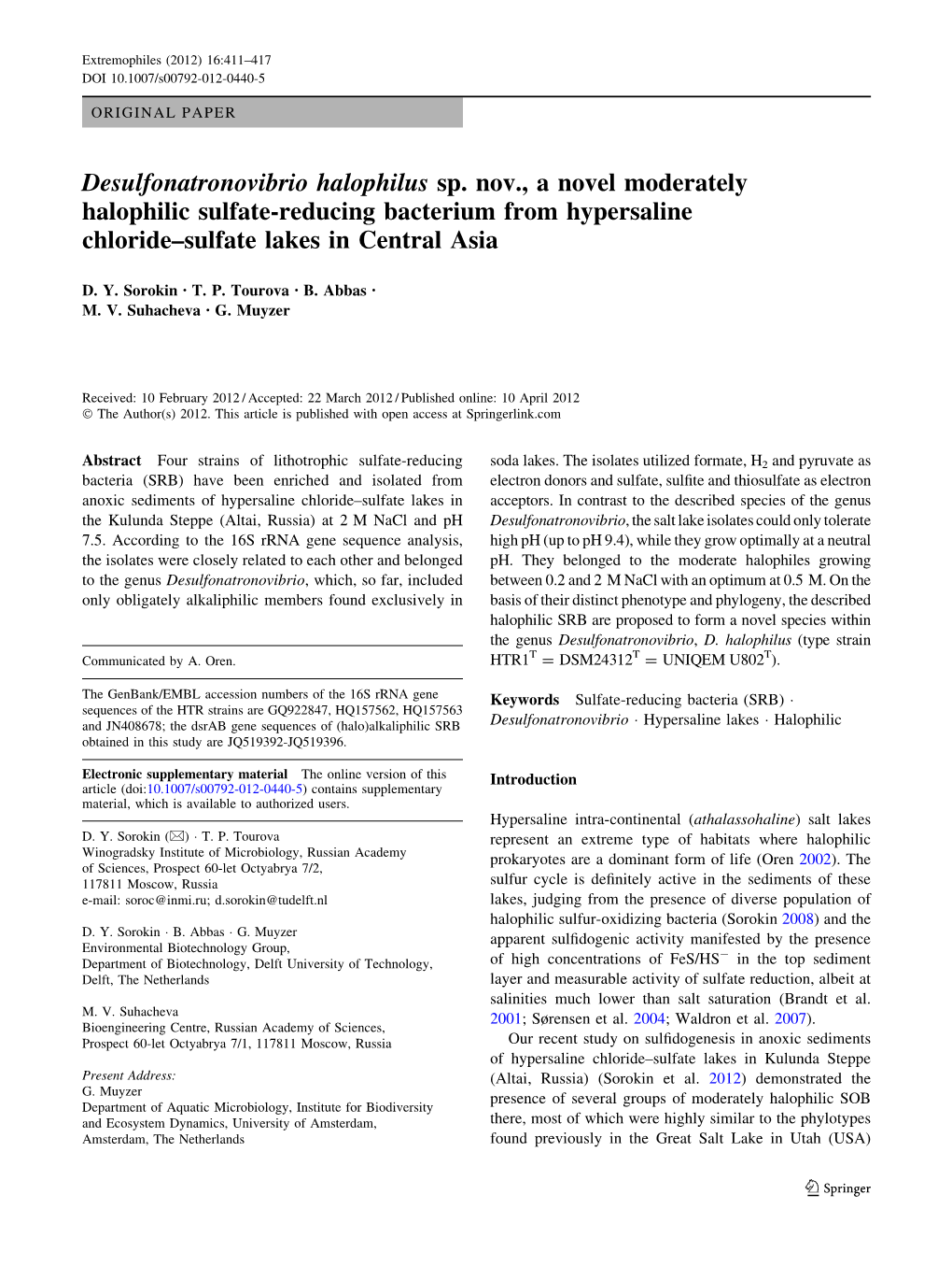 Desulfonatronovibrio Halophilus Sp. Nov., a Novel Moderately Halophilic Sulfate-Reducing Bacterium from Hypersaline Chloride–Sulfate Lakes in Central Asia