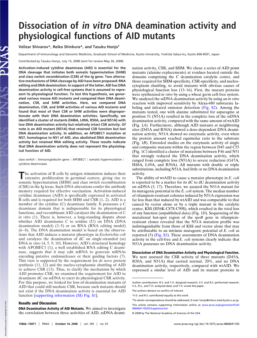 Dissociation of in Vitro DNA Deamination Activity and Physiological Functions of AID Mutants