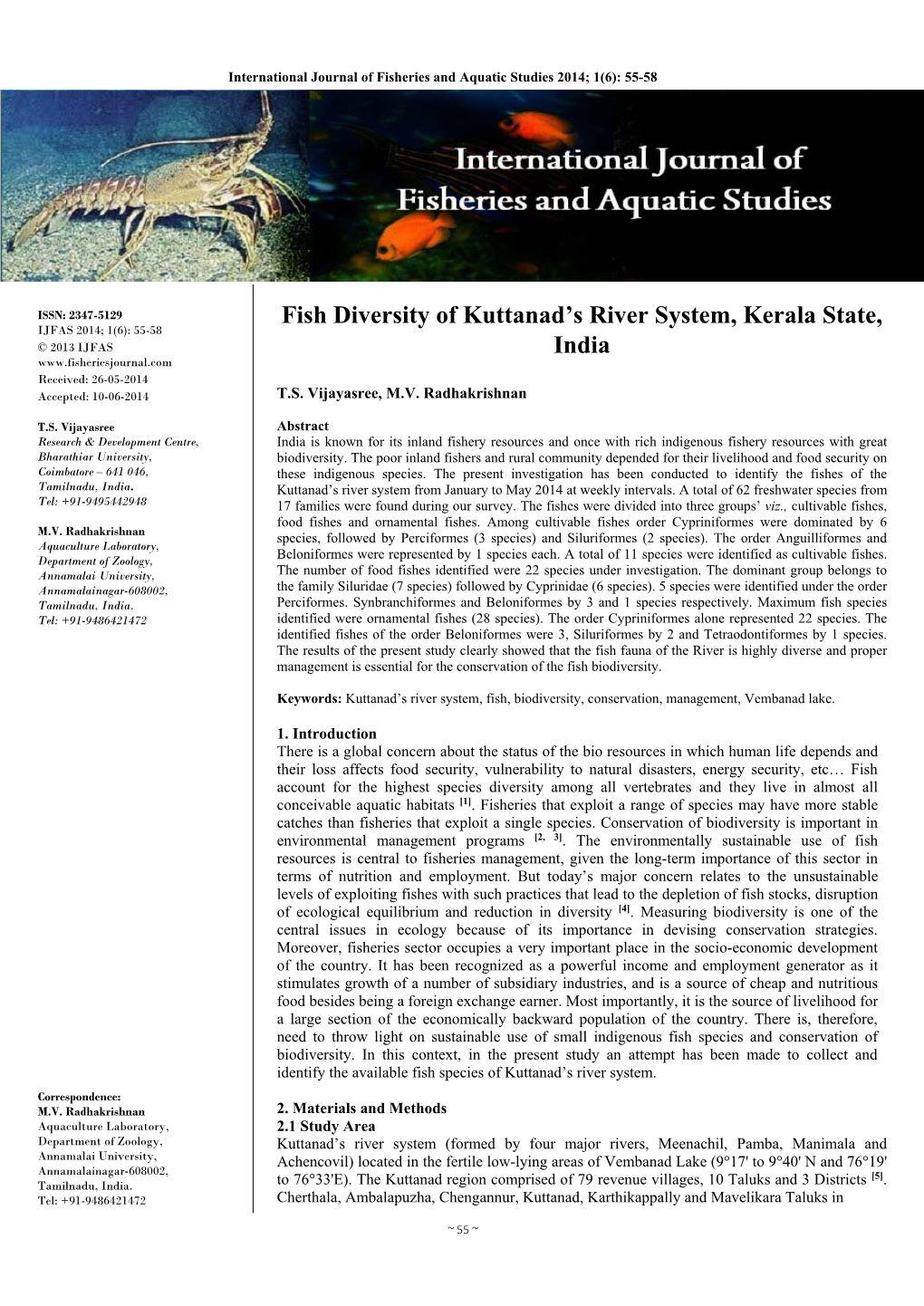 Fish Diversity of Kuttanad's River System, Kerala State, India