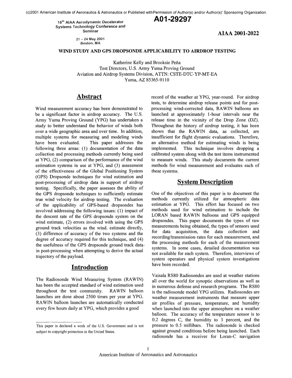 Wind Study and Gps Dropsonde Applicability to Airdrop Testing