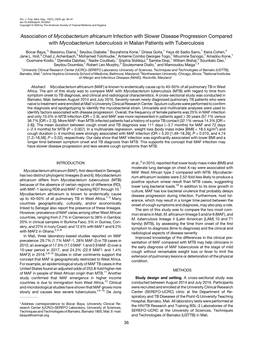 Association of Mycobacterium Africanum Infection with Slower Disease Progression Compared with Mycobacterium Tuberculosis in Malian Patients with Tuberculosis