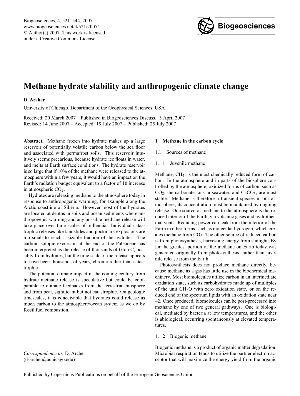 Methane Hydrate Stability and Anthropogenic Climate Change