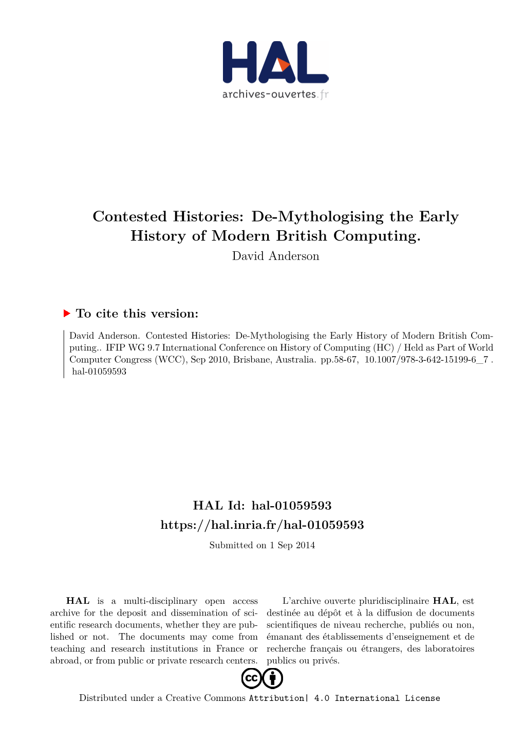 De-Mythologising the Early History of Modern British Computing. David Anderson