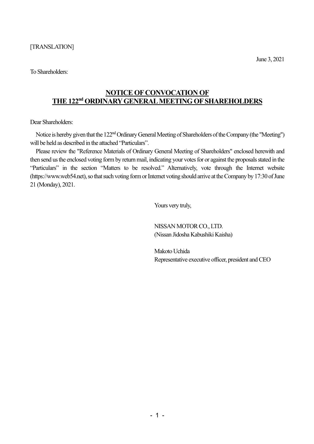 Notice of Convocation of 122Nd Ordinary General Meeting Of