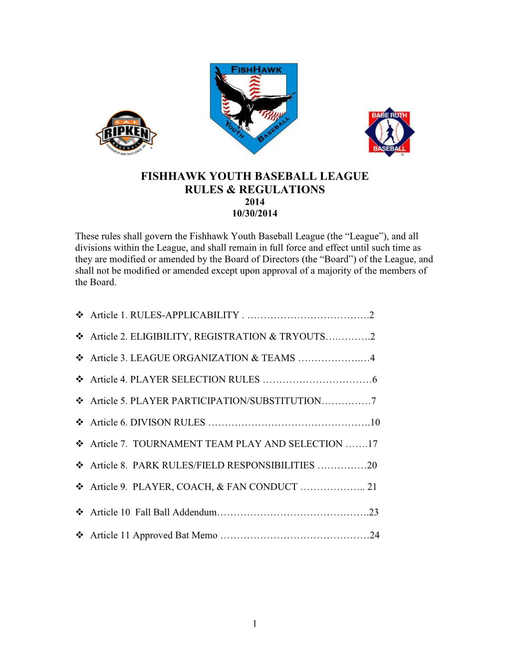 Fishhawk Youth Baseball League Rules & Regulations