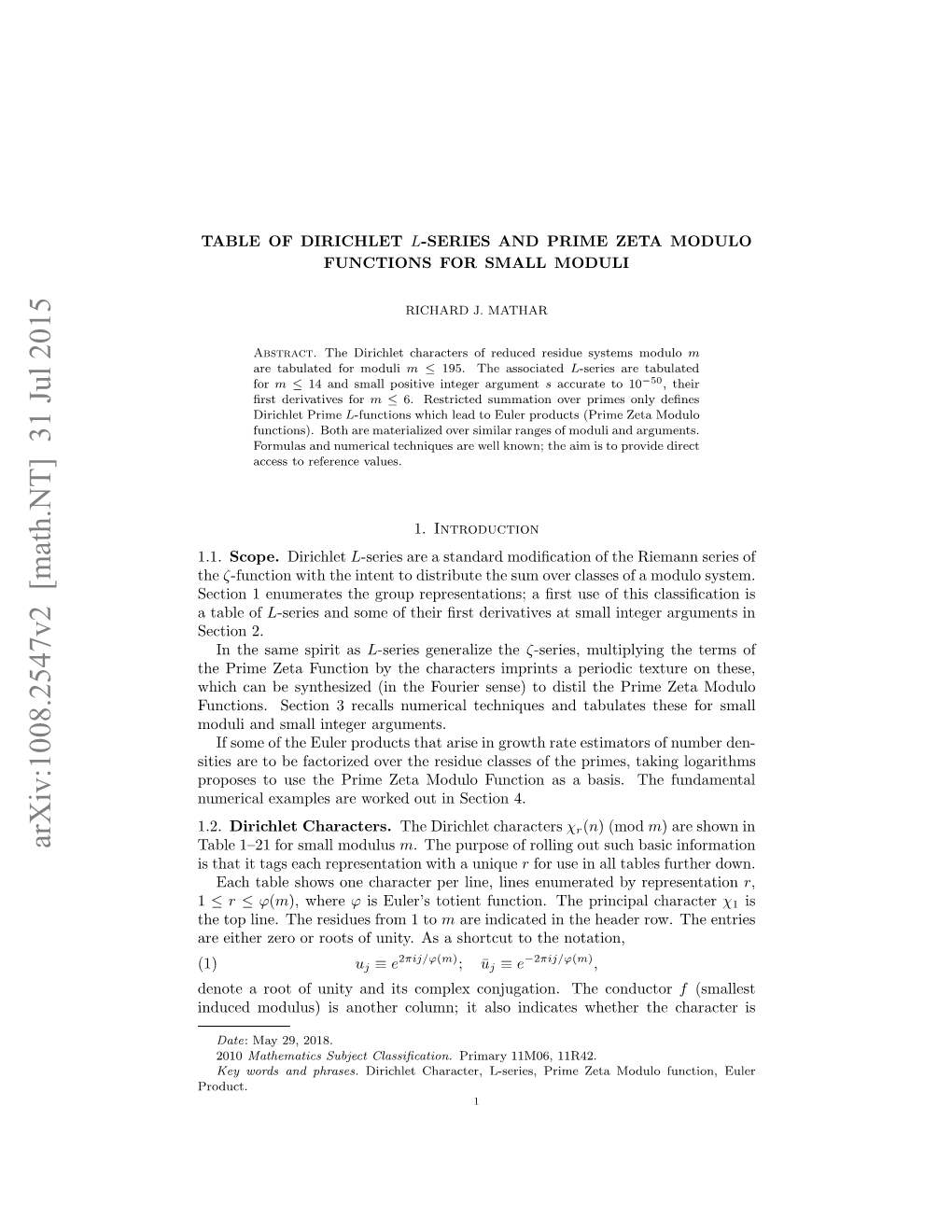 Table of Dirichlet L-Series and Prime Zeta Modulo Functions for Small