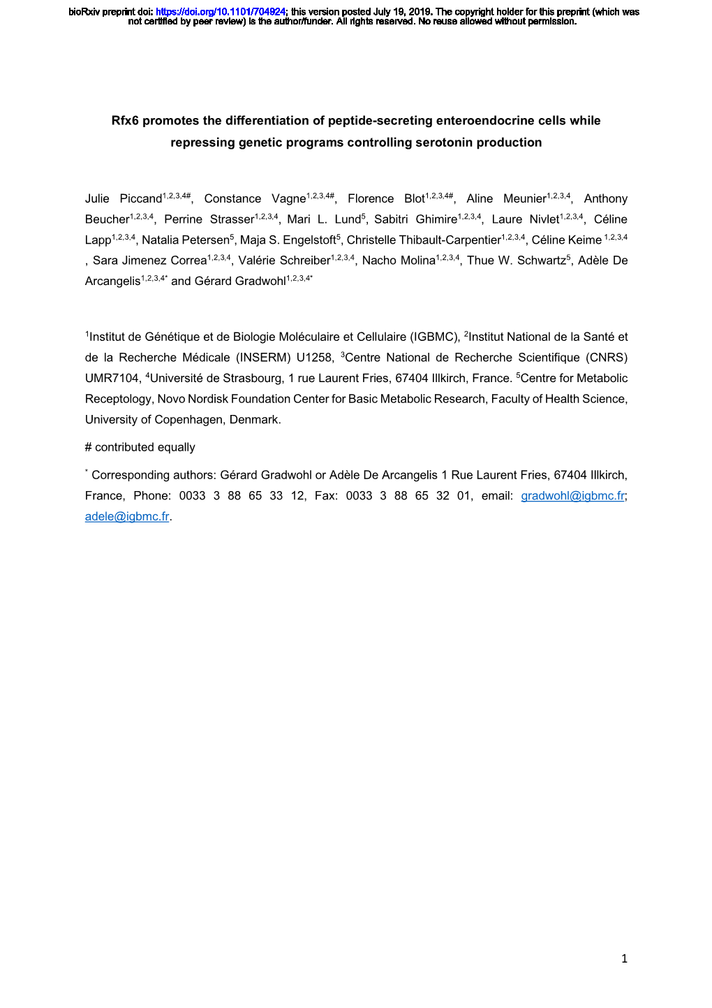 Rfx6 Promotes the Differentiation of Peptide-Secreting Enteroendocrine Cells While Repressing Genetic Programs Controlling Serotonin Production