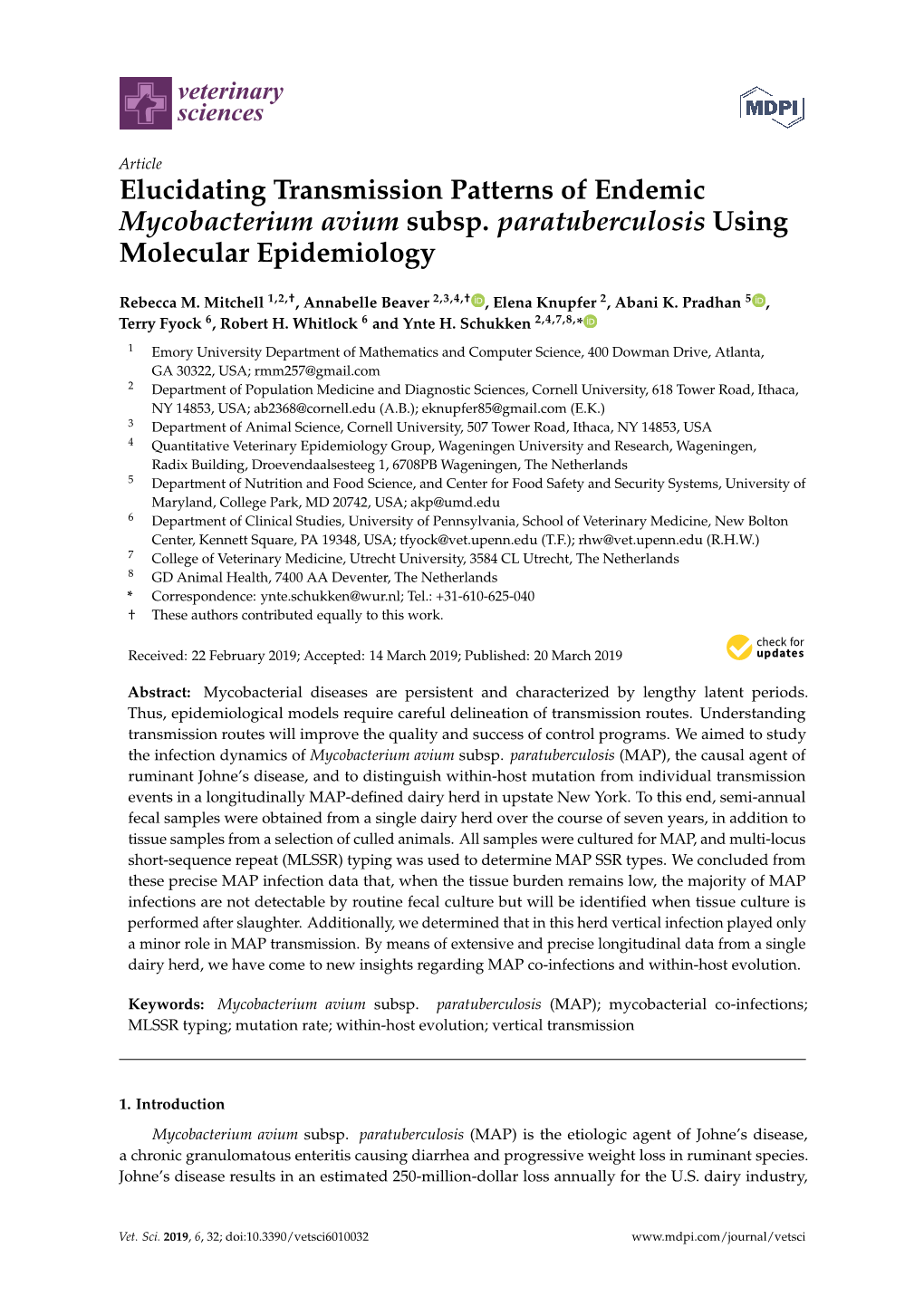 Elucidating Transmission Patterns of Endemic Mycobacterium Avium Subsp. Paratuberculosis Using Molecular Epidemiology