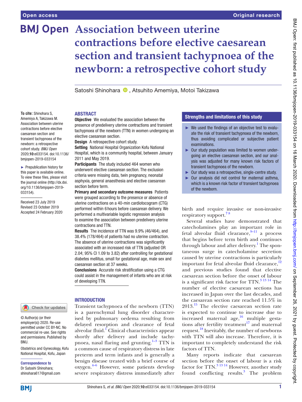 Association Between Uterine Contractions Before Elective Caesarean Section and Transient Tachypnoea of the Newborn: a Retrospective Cohort Study