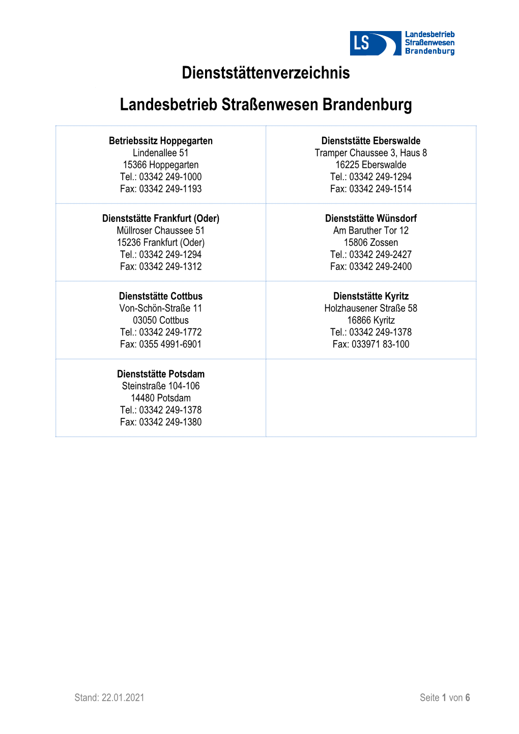 Dienststättenverzeichnis Landesbetrieb Straßenwesen Brandenburg