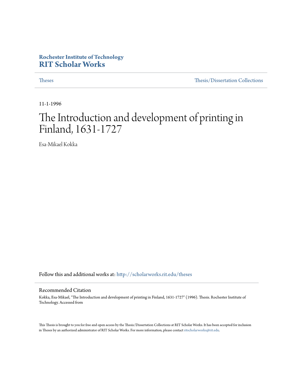 The Introduction and Development of Printing in Finland, 1631-1727