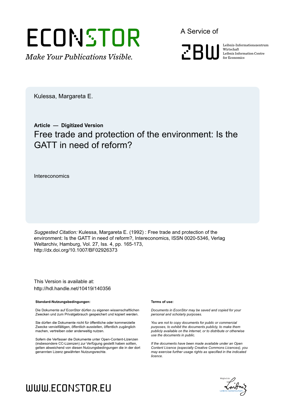 Free Trade and Protection of the Environment: Is the GATT in Need of Reform?