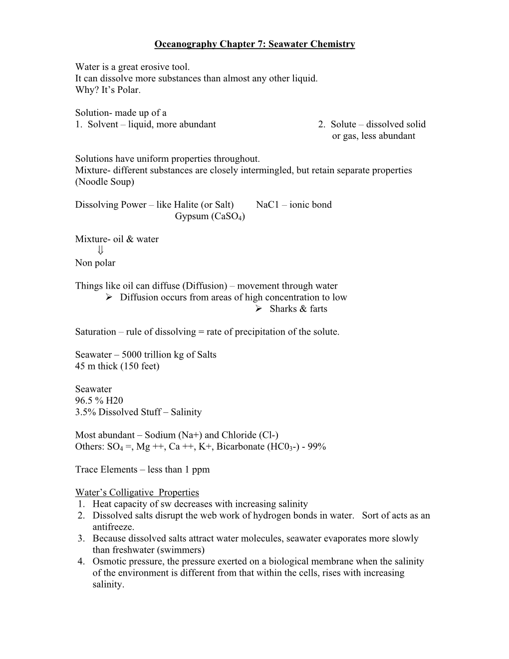 Oceanography Chapter 7: Seawater Chemistry