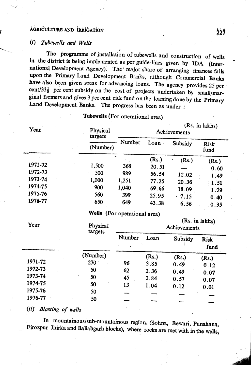 The Programme of Installation of Tubewells and Construction of Wells