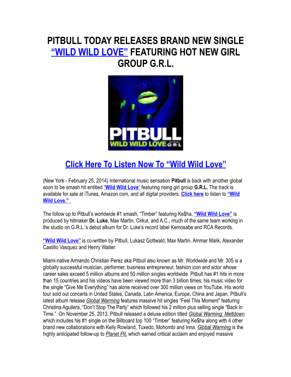 PITBULL FT GRL WILD WILD LOVE February 25, 2014