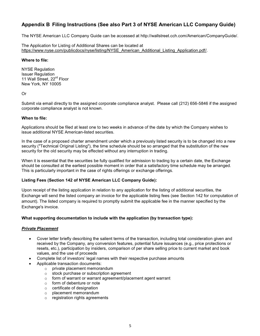 Appendix B Filing Instructions (See Also Part 3 of NYSE American LLC Company Guide)