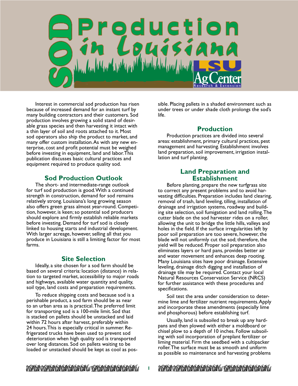 Sod Production Outlook Site Selection Production Land Preparation And